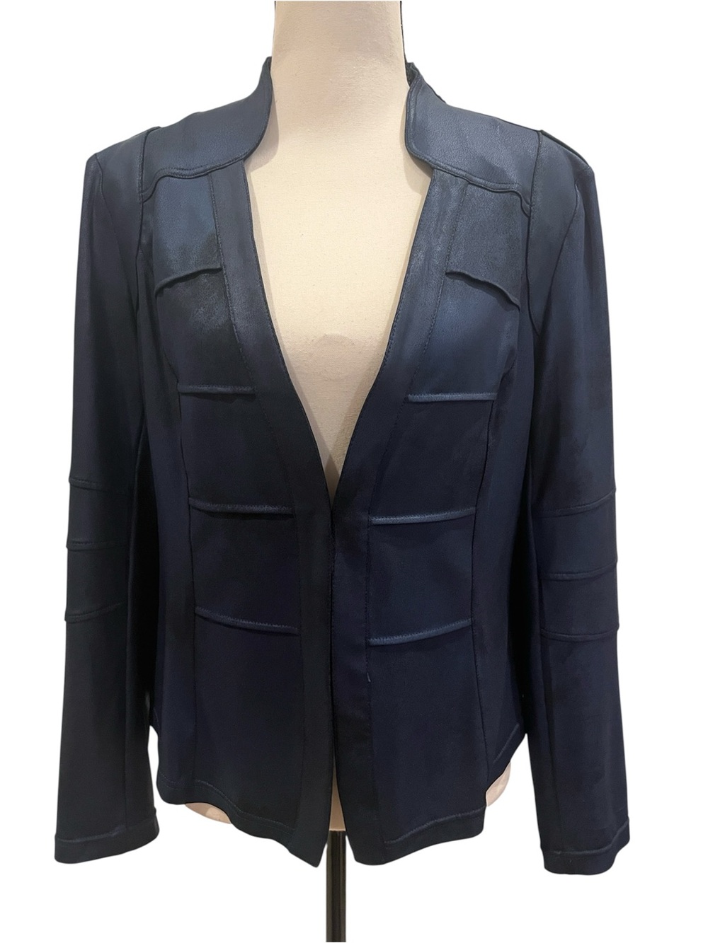Clara Sun Woo Navy Black Liquid Faux Leather Hook Front Jacket Small